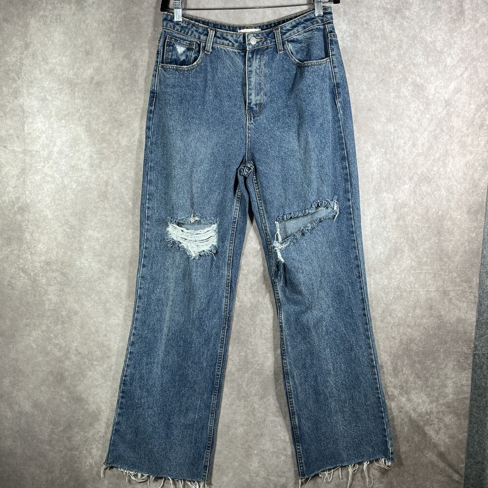 Idem Ditto Jeans Womens Large Distressed Straight Leg High Rise‎ Denim Raw Hem